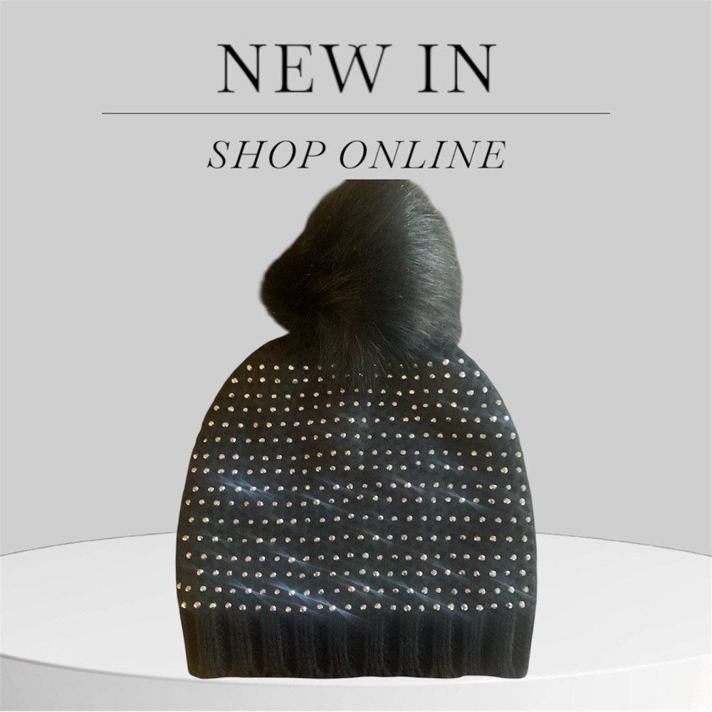 VENUS Black Beanie with Pom and Silver Rhinestone Accents
